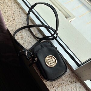 Black Mini Crossbody Phone Bag Gold Medallion